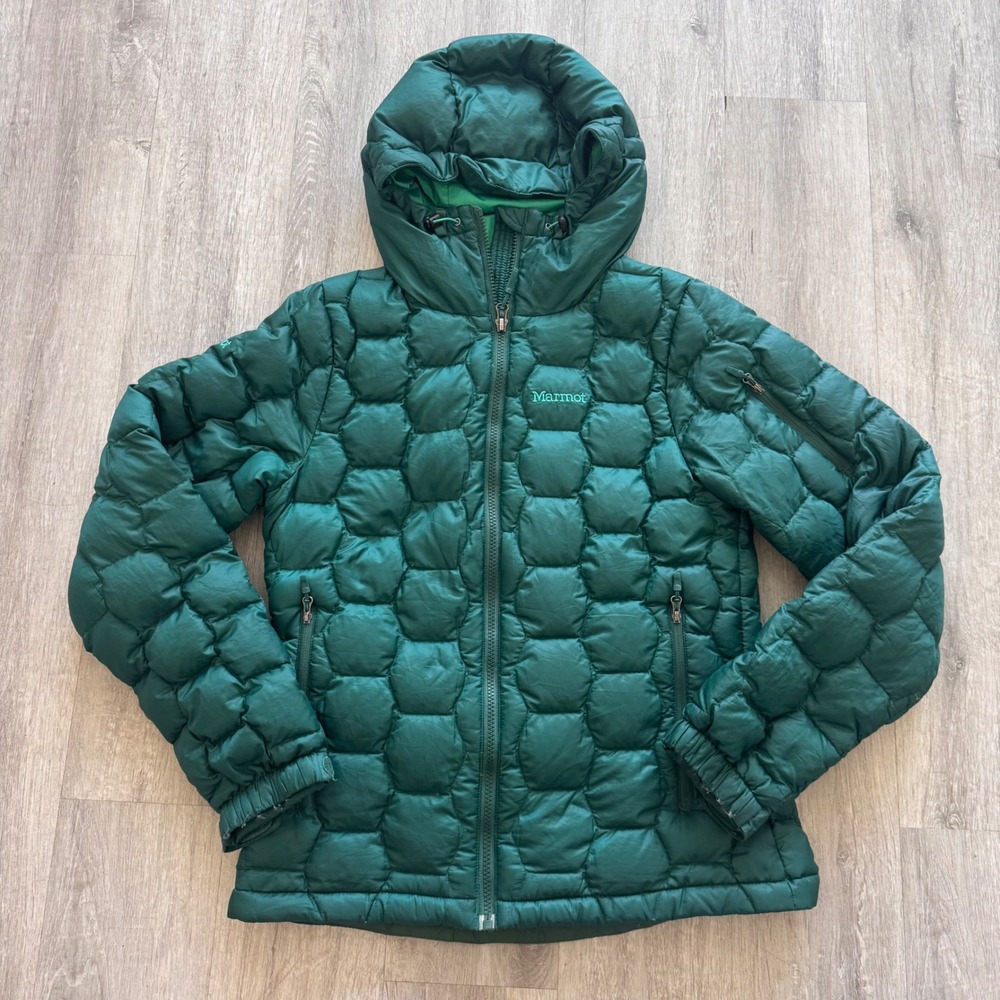 Marmot 800 Fill 90% goose Down Hooded Puffer Jacket Green Womens Small Hex Quilt